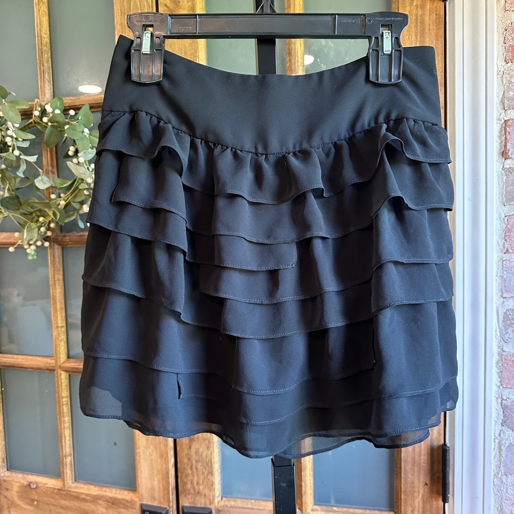 Express Design Studio Ruffle Mini Skirt Women 2 Black Tiered‎ Chiffon Flouncy